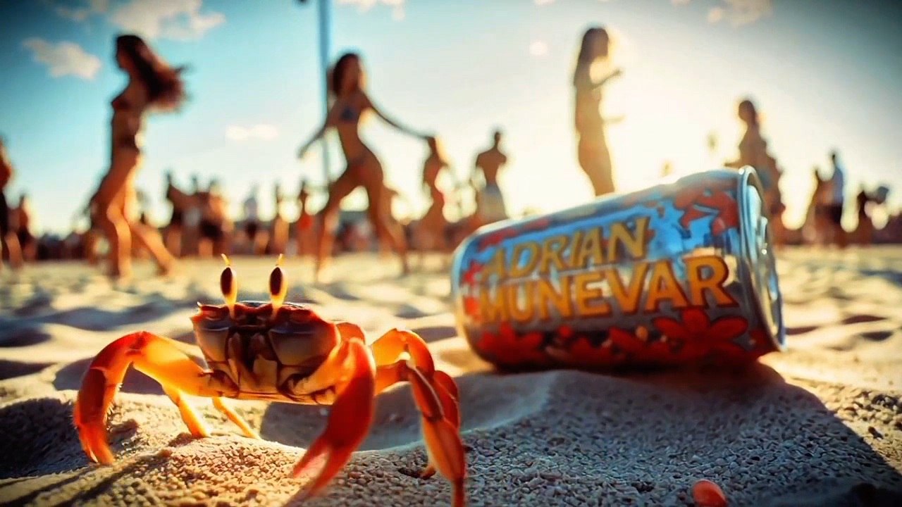 An orange crab beside a can bearing Adrian Munévar’s name on a sunlit beach