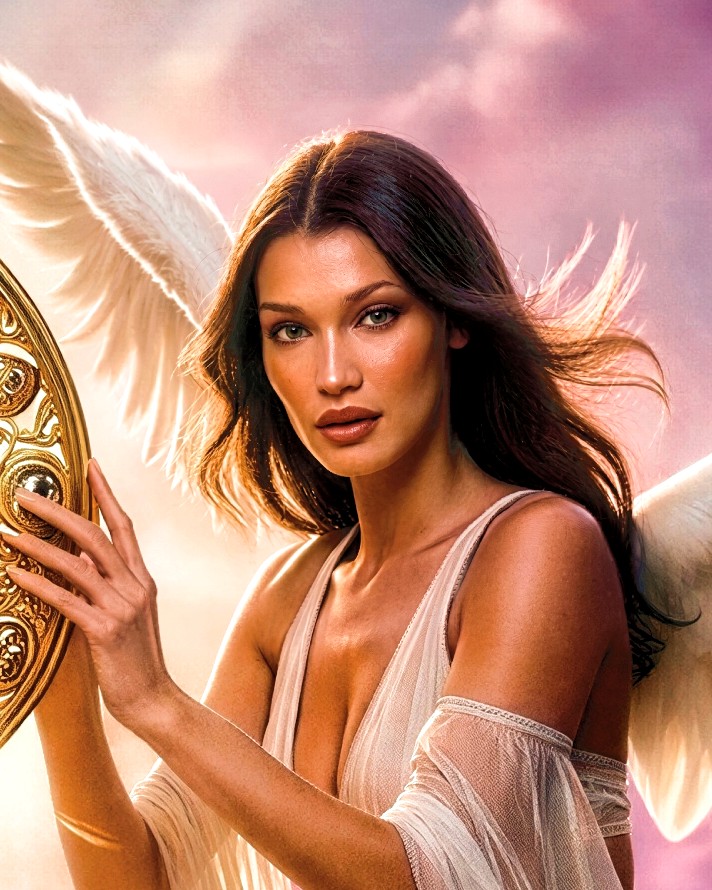 Bella Hadid in warm light beside the golden frame