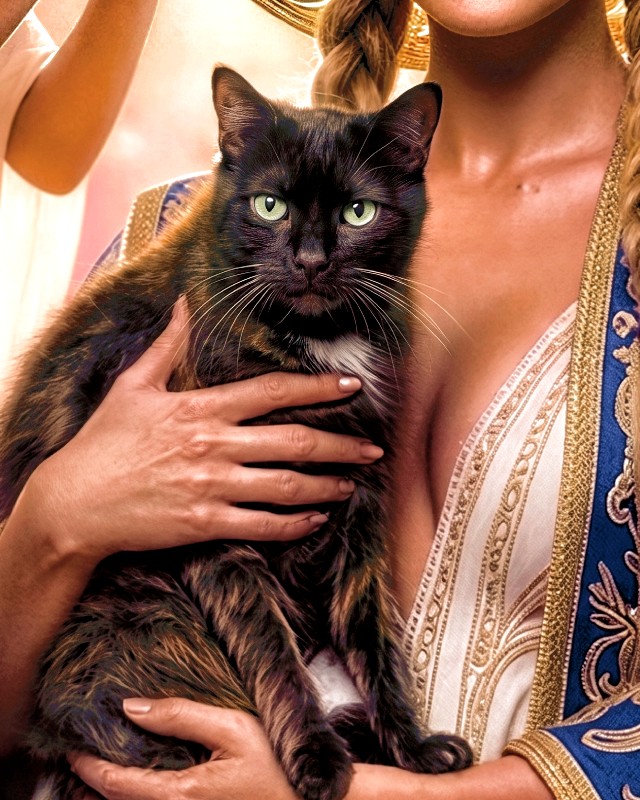 Brownie’s face and textured dark fur, held by Lala