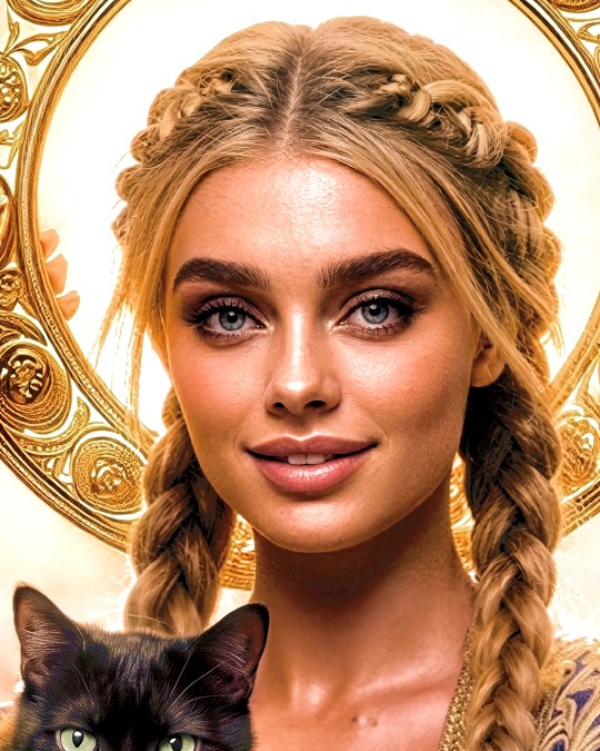 A close portrait of Lala with golden braids and embroidered clothing